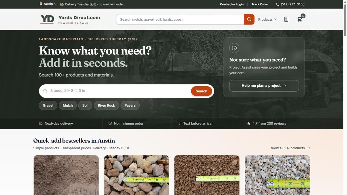 Yards-Direct.com storefront: landscape materials delivered next day in Austin